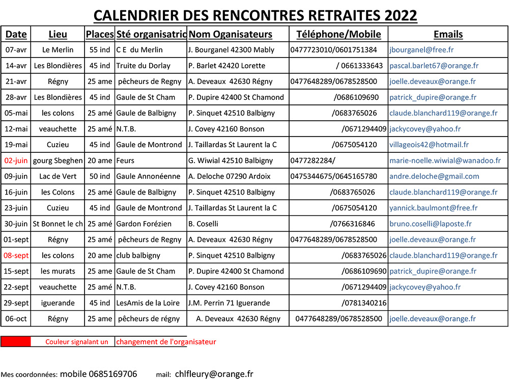 Calendrier rencontres retraités 2022